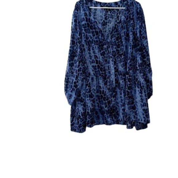 Chelsea Studio Womens Button Front Babydoll Tunic Top Blue Leopard Print Plus 4X - Picture 1 of 3